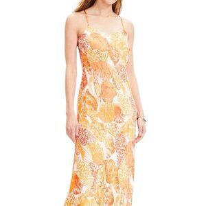 NWT LOFT Floral Satin Strappy Bias Midi Slip Dress Orange White Womens size 0